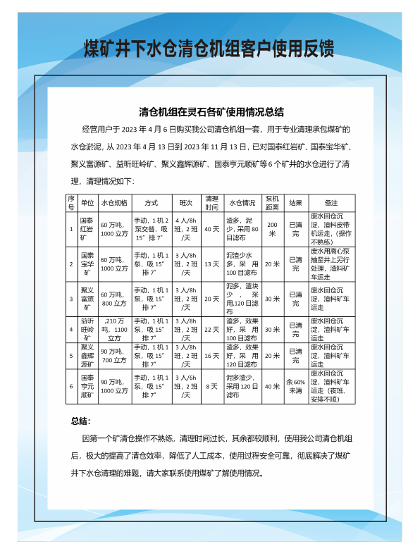 清仓机组在灵石地区使用反馈